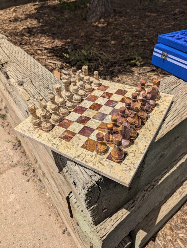 Onyx Chess Set / Red Onyx and Fossil / 12" x 12" / Stone Chess Board and Pieces - Image 3