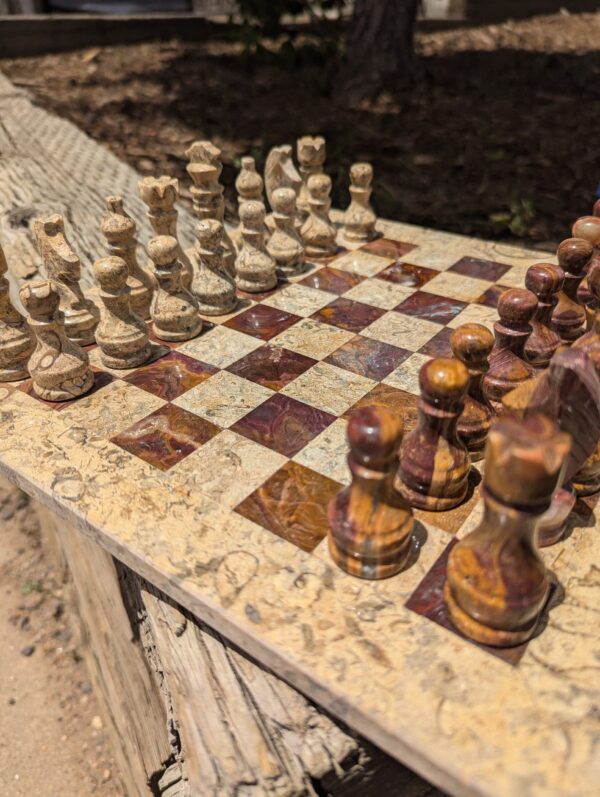 Onyx Chess Set / Red Onyx and Fossil / 12" x 12" / Stone Chess Board and Pieces