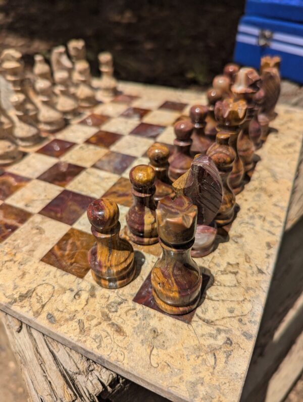 Onyx Chess Set / Red Onyx and Fossil / 12" x 12" / Stone Chess Board and Pieces - Image 2